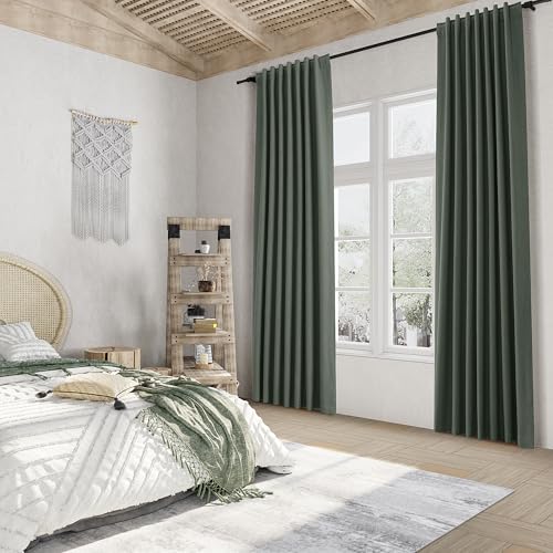 Olive Green 100% Blackout Curtains 96 Inch Length 2 Panels Set for Living Room Bedroom Back Tab Thermal Insulated Black Out Linen Drapes Room Darkening Window Curtains 96 Inches Long (Olive Green / 52"W x 96"L (Pack of 2))