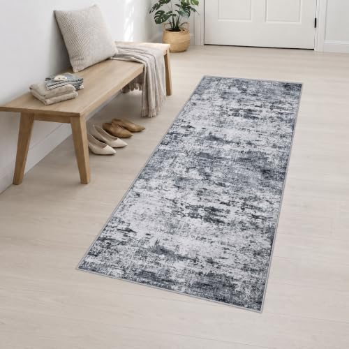 2.6x8 Washable Runner Rug：Modern Abstract Kitchen Soft Carpet Grey (Grey / 2'6" x 8' (Rectangular))