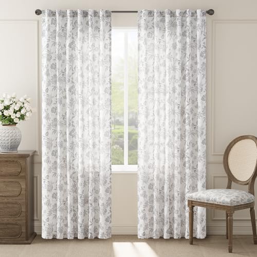 Light Grey Floral Linen Curtains 84 Inch Vintage Back Tab 2 Panels (*Jacobean Light Grey / 50"W x 84"L (Pack of 2))