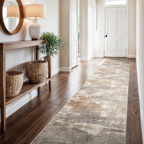 2'6x16 Runner Rug Washable Abstract (Brown/Brick / 2'6" x 16')