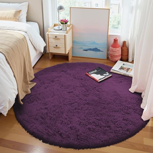 Dark Purple Round Rugs for Bedroom (4 Ft Round / Dark Purple)