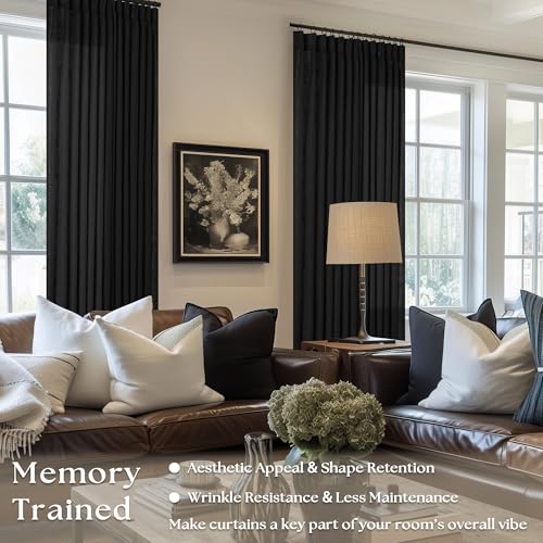 Black Pinch Pleated Linen Semi Sheer 102 Inch Curtains 2 Panels (Black / 40"W x 102"L (Pack of 2))