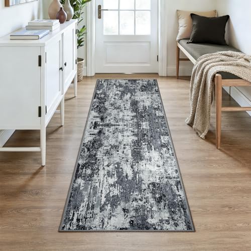Washable Runner 3'x7' Abstract Area Rug for Hallway Black White (Black/Navy Blue/Gray / 3' x 7' (Runner))
