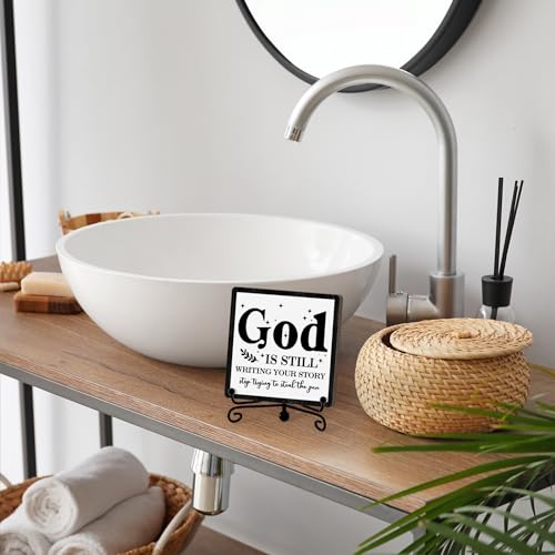 Home Decor Farmhouse Shelf Decor For Living Room (God Is Still(Black-04) / Wooden Sign with Iron Stand)