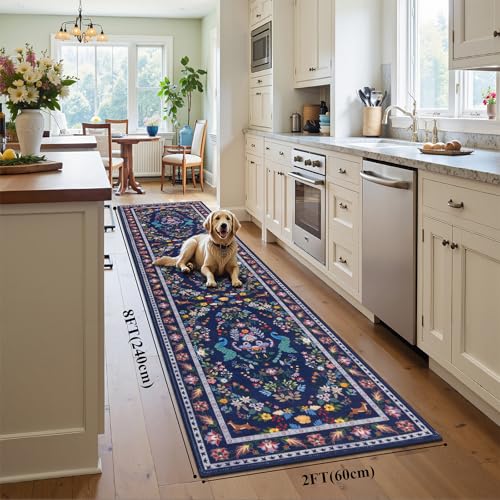 HEBE Hallway Runner Rug 2'x8' (Floral Blue / 2' x 8' (Rectangular))