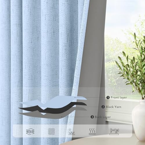 Light Blue Black Out Curtains 96 Inches Long for Living Room 100% Blackout Linen Textured Thermal Window Treatments Grand Millenial Curtain Drapes for Bedroom Modern Farmhouse Decor 96 Length 2 Panels (Light Blue / 52"W x 96"L (Pack of 2))
