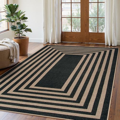 Modern Geometric Easy Jute Outdoor Rug (5' x 7' (Rectangular) / Black/Nature Border)