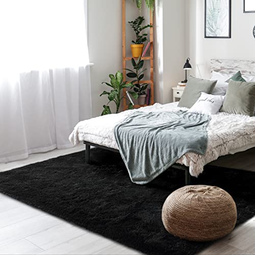 Shag Fluffy Area Rug for Bedroom Girls Living Room (5' x 8' (Rectangular) / Black)
