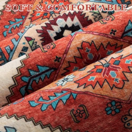 4ft Washable Non Slip Round Boho Area Rug for Bedroom (Orange/Multi / 4' (Round))