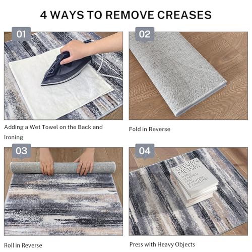Abstract Washable 2x8 Runner Rug Non Slip Runners for Hallway (Grey Navy Blue Black Cream Tan / 2' x 8' (Runner))