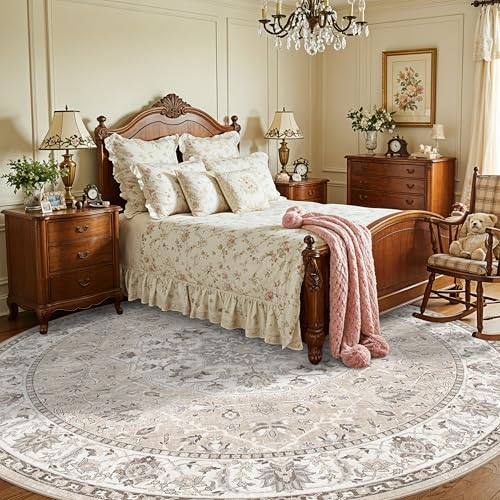 Washable 8ft Round Area Rug (8' (Round) / Beige)