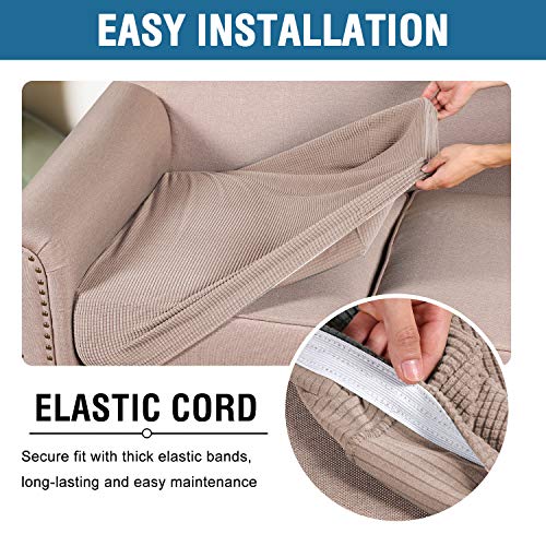High Stretch Individual Seat Cushion Covers 3 Pack Thick Jacquard Textured Twill Fabric Sofa Slipcovers for 3 Couch Cushion Washable Couch Cover for Living Room Outdoor Patio (Sand)