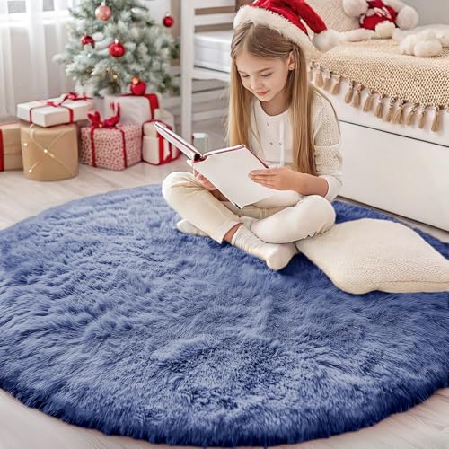Denim Blue Round Rugs for Bedroom (4 Ft Round / Denim Blue)