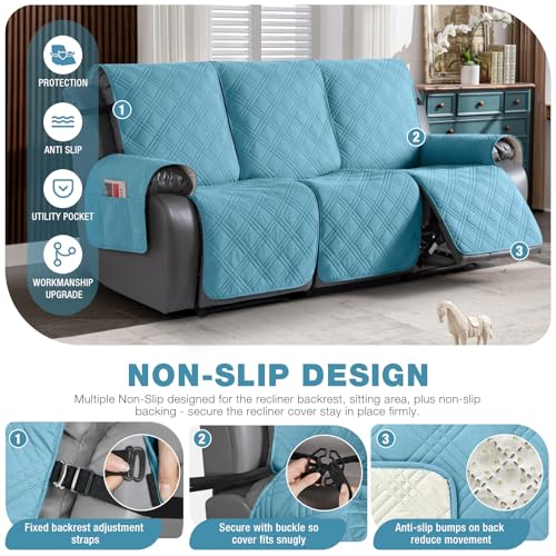 100% Waterproof Recliner Sofa Covers 3 Seater Split Couch Covers for 3 Cushion Reclining Couch with Straps (Sky Blue / 3 Seater Standard)