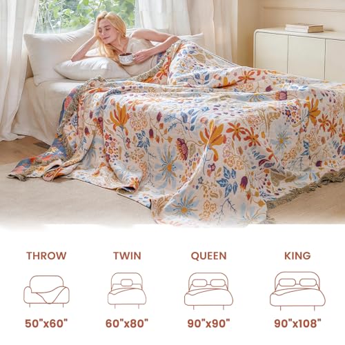Boho Throw Blanket 50"x60" 100% Cotton Floral Blanket Couch Decor (Beige Navy / 50"x60")