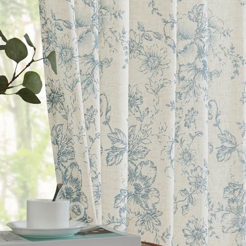 Blue Floral Linen Curtains 84 Long for Living Room 2 Panels (Blue / 38"W x 84"L (Pack of 2))
