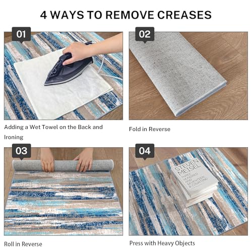 Abstract 2x12 Runner Rug Washable Runners for Hallway Non Slip (Blue Aqua/Beige Taupe Multi / 2' x 12' (Runner))