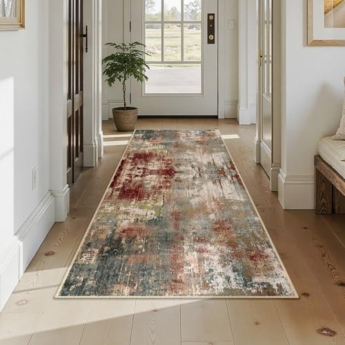 Washable Runner 3'x7' Abstract Area Rug for Hallway Rustic Brown (Rust Red/Green/Blue/Multi / 3' x 7' (Runner))