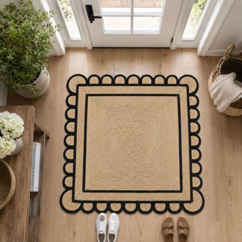 Scalloped Natural Jute Area Rug 4x6 Ft (Black / 4' x 6' (Rectangular))