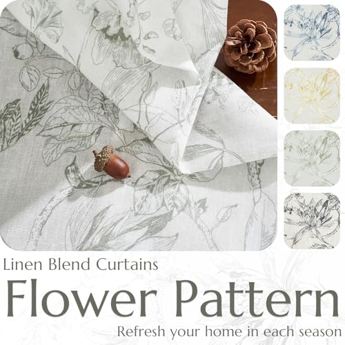 Grey Floral Linen Curtains 90 Inch Vintage Back Tab 2 Panels (Flower Grey on White / 50"W x 90"L (Pack of 2))