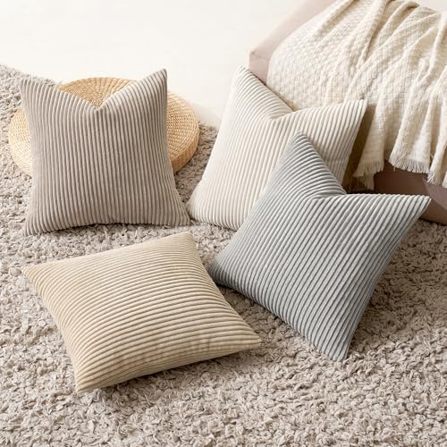 Soft Corduroy Decorative Throw Pillow Covers Neutral Tan 18x18 (18" x 18" (Pack of 4) / Neutral Tan)