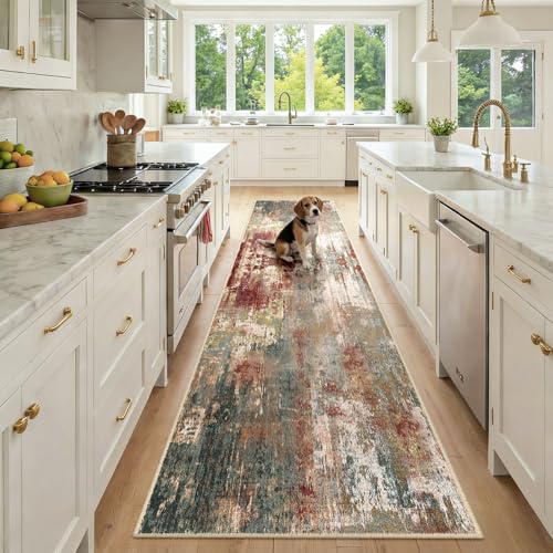 Washable Runner 2'6"x10' Abstract Area Rug for Hallway Rustic Brown (Rust Red/Green/Blue/Multi / 2'6" x 10' (Runner))