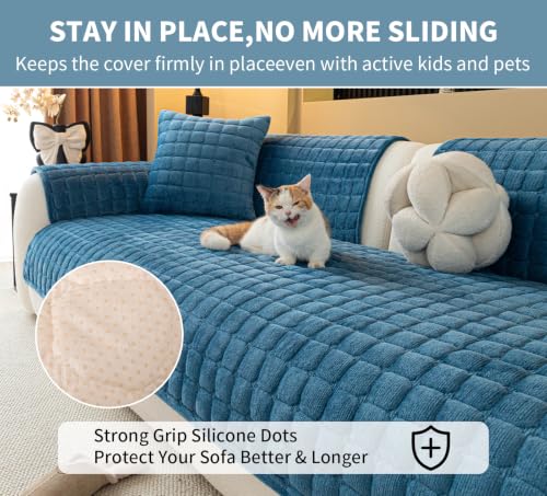 Sectional Velvet Couch Covers for 2 Seats (Lake Blue / 1PC/35.4"x63"/Loveseat & Short "L" Part)