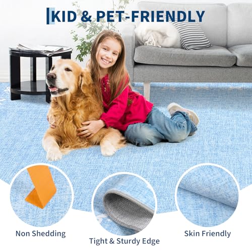 Washable 9x12 Area Rug for Living Room Bow Solid Blue Rug Non Slip Soft Bedroom Rugs Low Pile Foldable Large Area Rug Stain Resistant Carpet for Nursery Dining Room Classroom (Bow|blue / 9' x 12' (Rectangular))