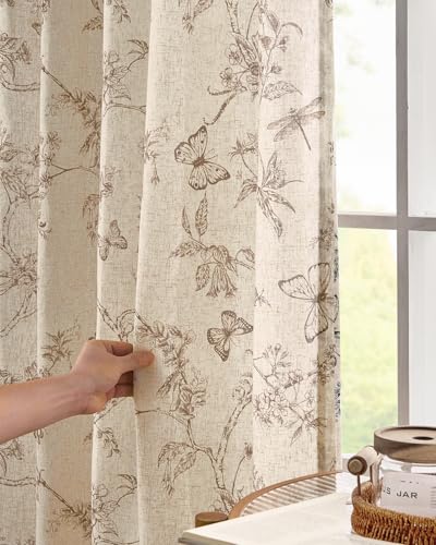 Floral Linen Curtains for Living Room 84 Inch Length Butterfly Curtain Taupe Floral Curtains French Country Farmhouse Curtain Flower Patterned Drapes Window Treatment Set 2 Panels (Flower Taupe / 50"W x 84"L (Pack of 2))