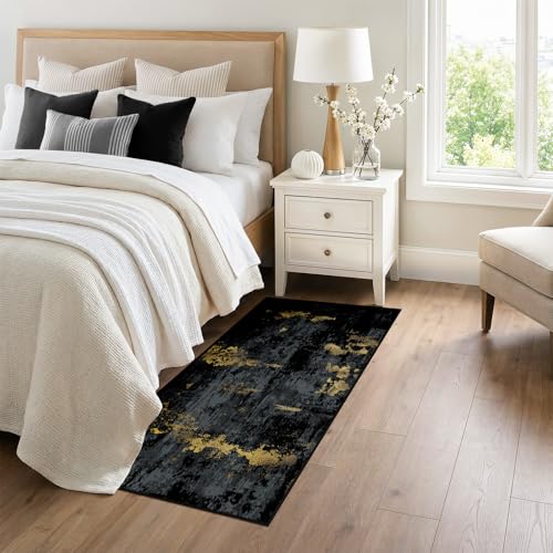 Washable Runner 3'x6' Abstract Area Rug for Hallway Black Gold (Black/Gold / 3' x 6' (Runner))