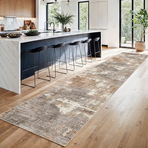 2'6x14 Runner Rug Washable Abstract (Brown/Brick / 2'6" x 14')