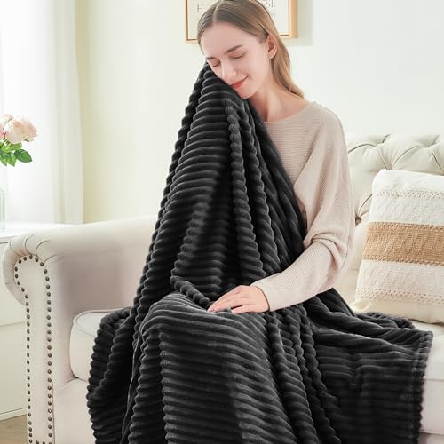 3D Ribbed Jacquard Black Blankets Queen Size for Bed (Black / Queen(90"x90"))