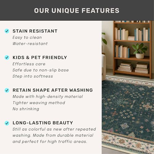 Dark Green Vintage 7x10 Washable Rugs for Living Room (7' x 10' (Rectangular) / Dark Green)