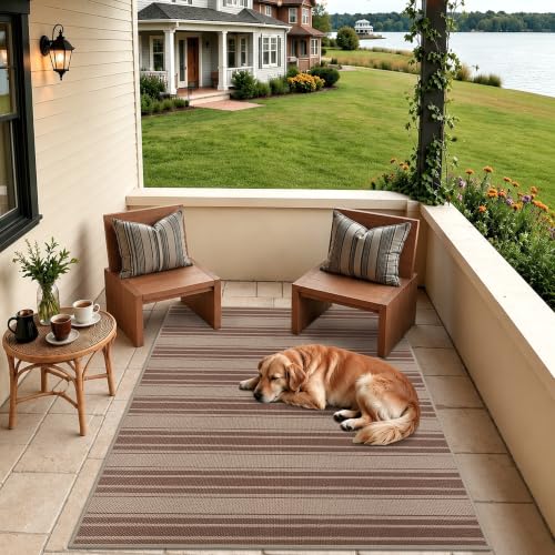 Striped Easy Jute 4x6 Outdoor Rug Washable Non Slip Khaki Rugs for Entryway Indoor Outdoor Farmhouse Neutral Front Door Mat for Backyard Patio Proch Living Room (4'*6'(Rectangular) / Brown/Striped)