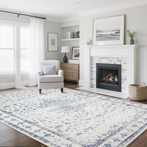8x10 Washable Area Rugs for Living Room (8' x 10' (Rectangular) / Blue-white-gray)