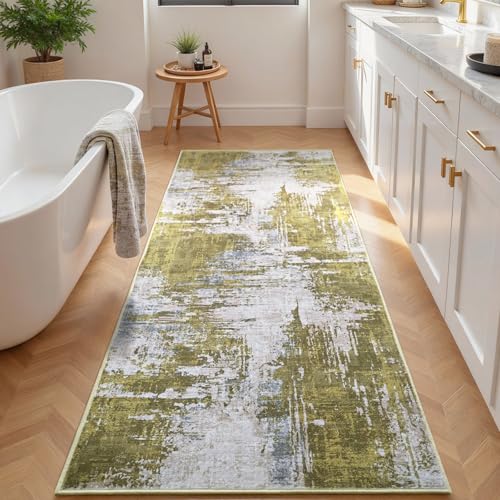 2x6 Sage Green Rug Runners for Hallways Kitchen Runner Rug Non Slip Washable Long Runner Rugs with Rubber Backing Soft Abstract Carpet Runner for Hallways (Green / 2' x 6' (Runner))