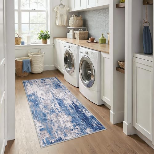 Washable Runner 3'x6' Abstract Area Rug for Hallway Blue Gray (Blue/Gray / 3' x 6' (Runner))