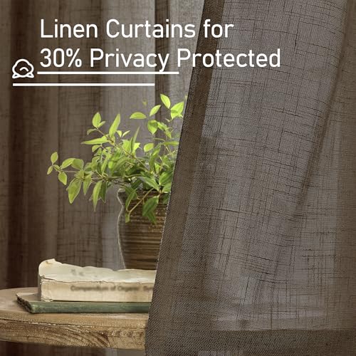 Brown Sheer Linen Curtains 30 Inch Length for Cafe Small Window (Dark Brown / 34"W x 30"L (Pack of 2))