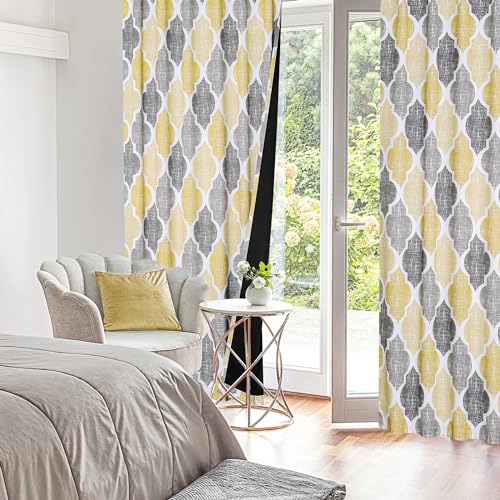 Moroccan 100% Blackout Curtains Bedroom Yellow Grey 50x84 2 Panels (Rod Pocket | Yellow and Grey / 50"W x 84"L (Pack of 2))