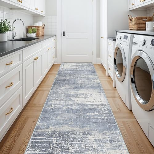 Washable 12ft Hallway Runner Rug (2'6" x 12' (Rectangular) / Blue/Ivory)