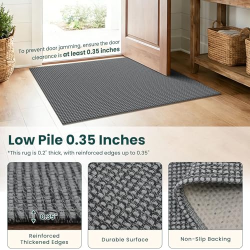 Rugs for Entryway 3x5 ft Washable Area Rug Non Slip Rubber Backed Entry Rug Woven Indoor Door Mat Cotton Kitchen Rugs Floor Carpet for Entryway (Grey/Dark Grey / 3' x 5' (Rectangular))