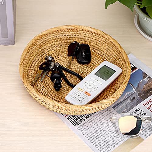 9.9" Round Key Basket Bowl for Entryway Table Handwven Rattan Tray (Medium, 9.9" / Natural Color)