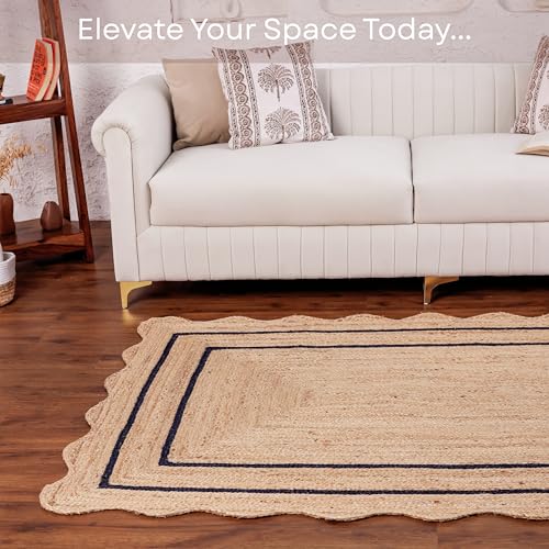 Wave Scalloped Jute Rug Entryway Natural Boho Area Rug Navy Blue 12'x12' (12'x12' / Navy Blue)