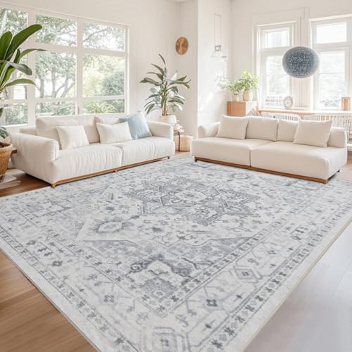 Washable Rugs 5x7 Area Rugs for Living Room (5' x 7' (Rectangular) / Grey/Cream/White/Light Blue)