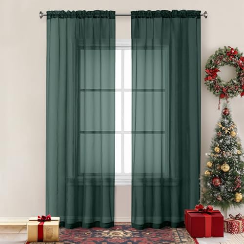 Christmas Sheer Curtains 84 Inches Long (Hunter Green / 42"W x 84"L (Pack of 2))
