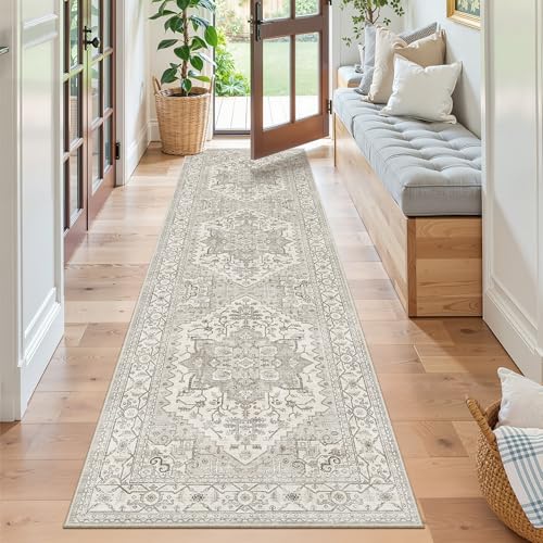 Kitchen Runner Rug 2x7 with Rubber Backing Non Slip (Beige/Brown / 2' x 7' (Runner))