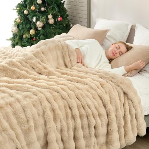 Faux Fur Throw Blanket for Couch (Beige / Queen(90" x 90"))