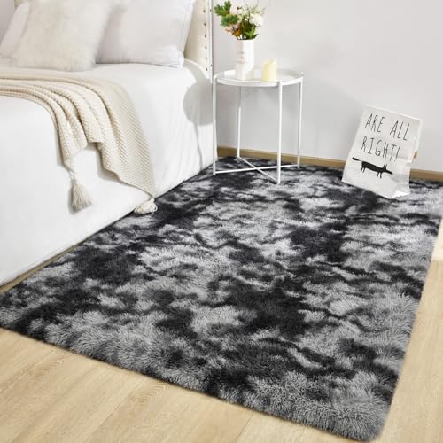 Super Soft Shaggy Rugs Fluffy Carpets 5x7 Feet (5' x 7' (Rectangular) / Tie Dyed Black Grey)