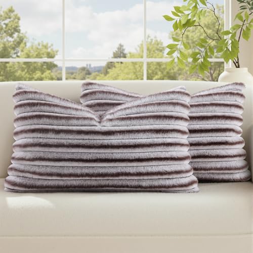 Fall Faux Fur Throw Pillow Covers 12x20 Set of 2 Brown White (Brown White / 20" x 12" (Pack of 2))