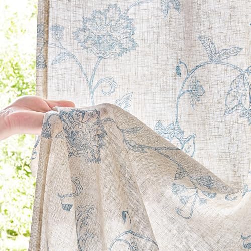 Blue Floral Linen Curtains 63 Inch Vintage Back Tab 2 Panels (Floral Blue / 50"W x 63"L (Pack of 2))